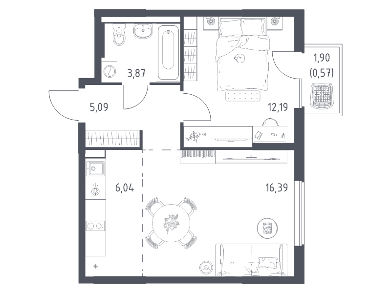 2 ккв (Евро) 44,2 м²