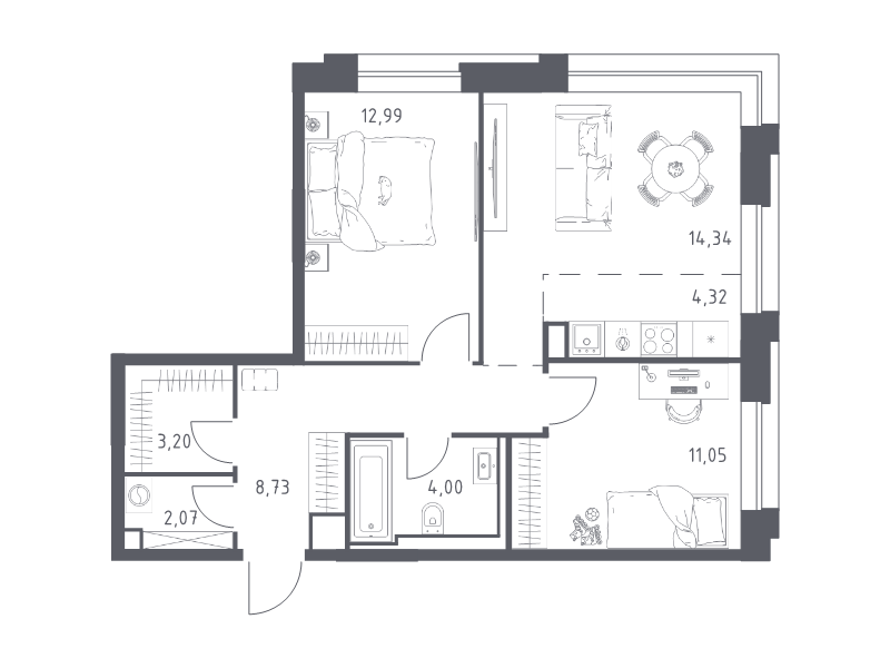 3 ккв (Евро) 60,7 м²