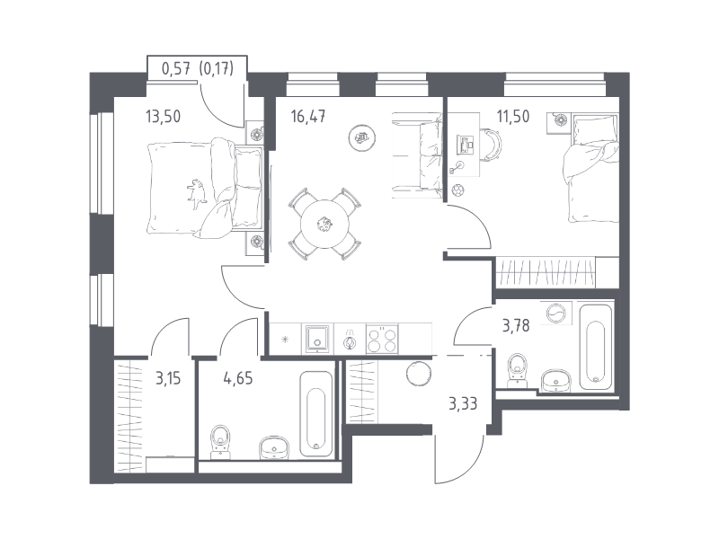 3 ккв (Евро) 56,6 м²