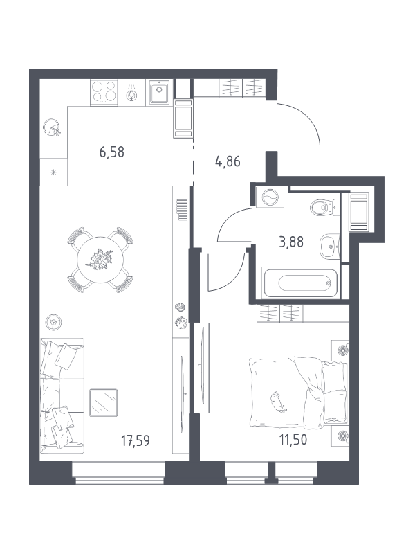 2 ккв (Евро) 44,4 м²