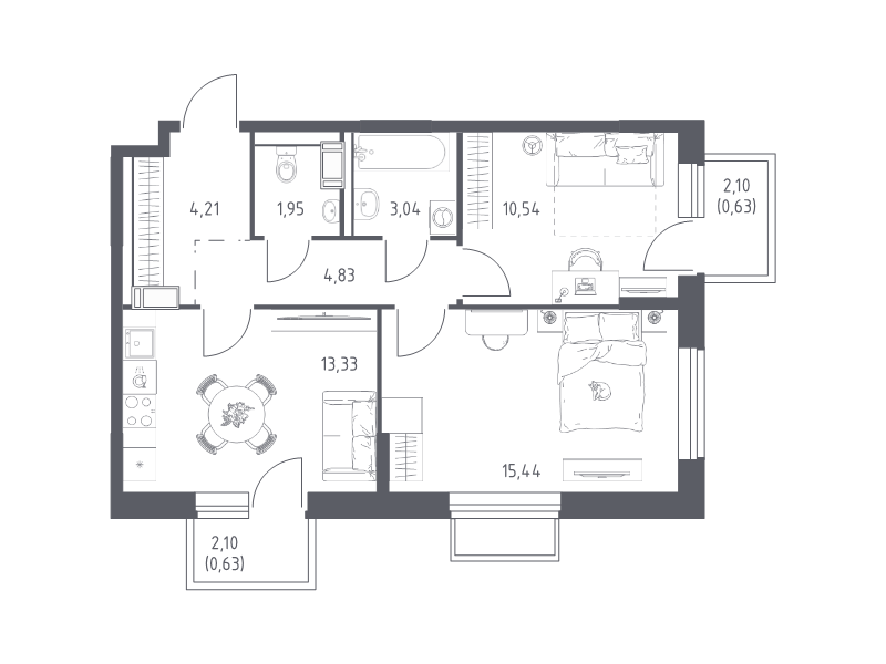 2 ккв 54,6 м²
