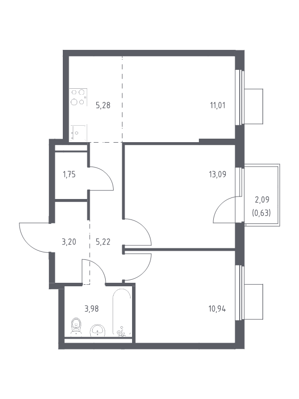 3 ккв (Евро) 55,1 м²
