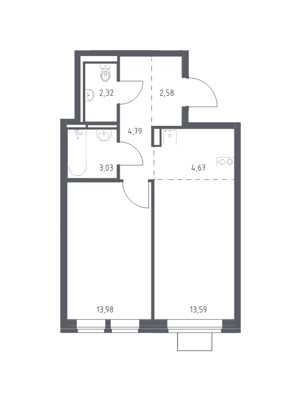 2 ккв (Евро) 45 м²
