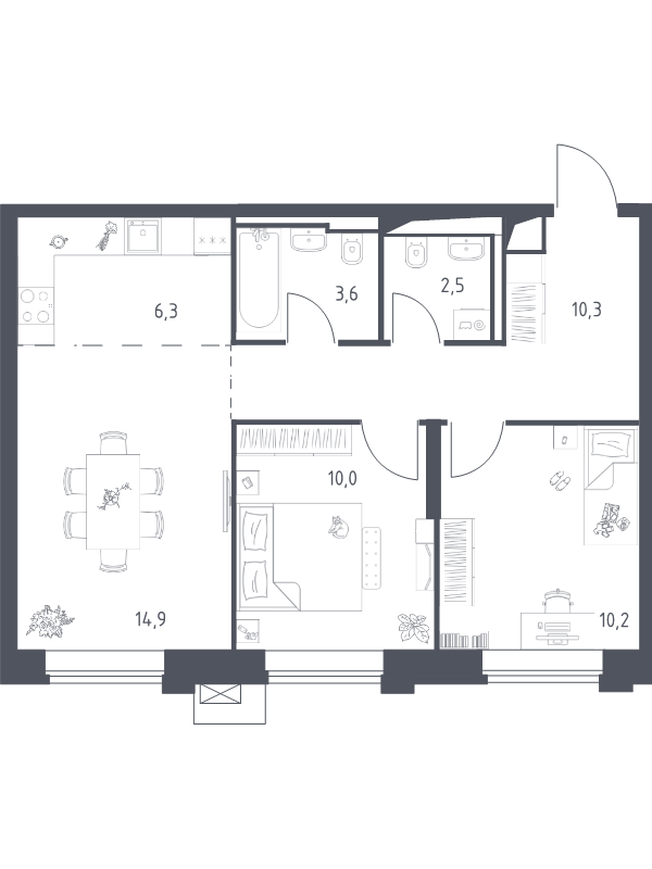 3 ккв (Евро) 57,9 м²