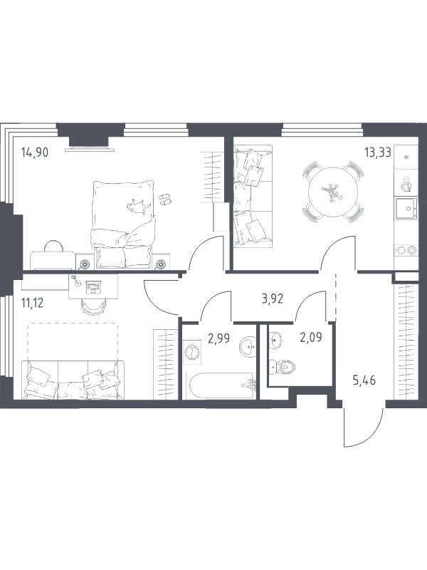 2 ккв 53,8 м²