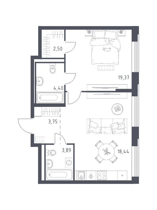 2 ккв (Евро) 52,4 м²