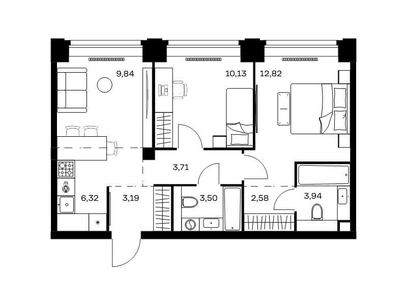 3 ккв (Евро) 56 м²