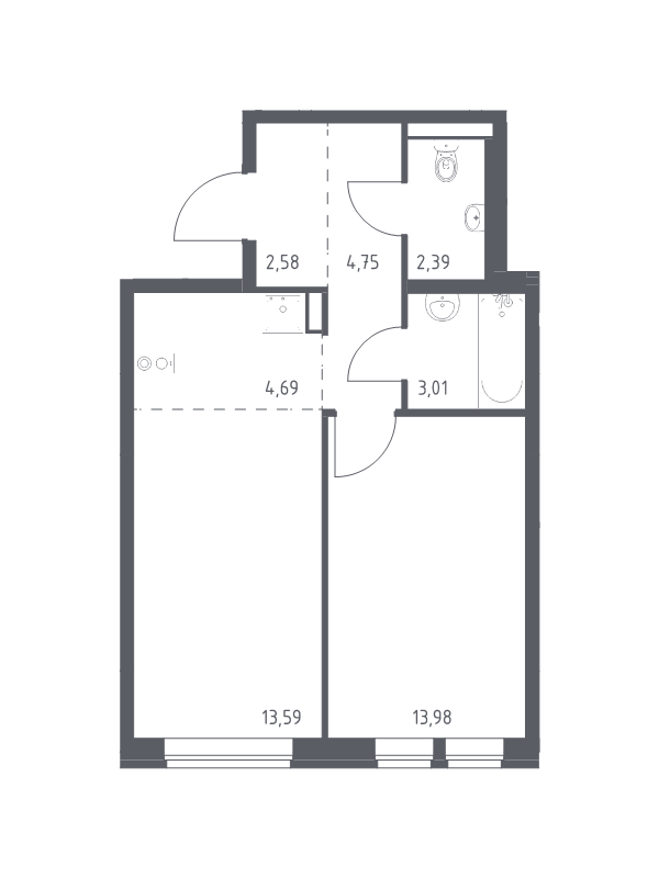 2 ккв (Евро) 45,3 м²