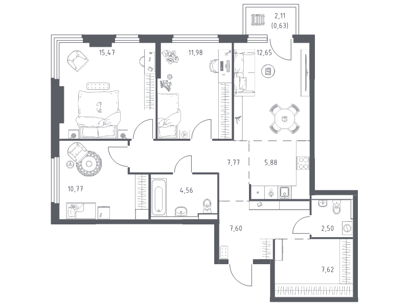 4 ккв (Евро) 87,4 м²