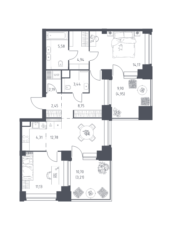 3 ккв (Евро) 77,9 м²