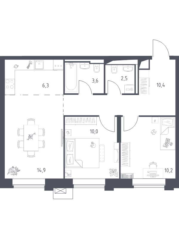 3 ккв (Евро) 57,9 м²