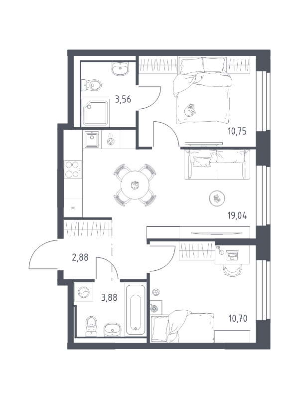 3 ккв (Евро) 50,8 м²
