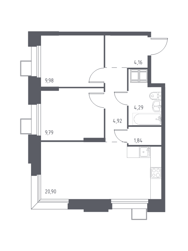 3 ккв (Евро) 55,6 м²