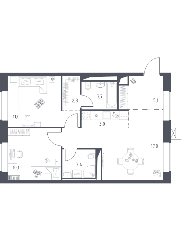 3 ккв (Евро) 55,6 м²
