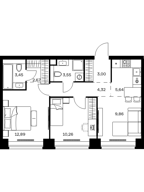 3 ккв (Евро) 55,6 м²