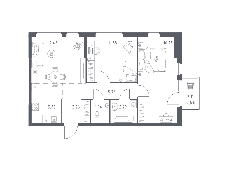 3 ккв (Евро) 60,5 м²