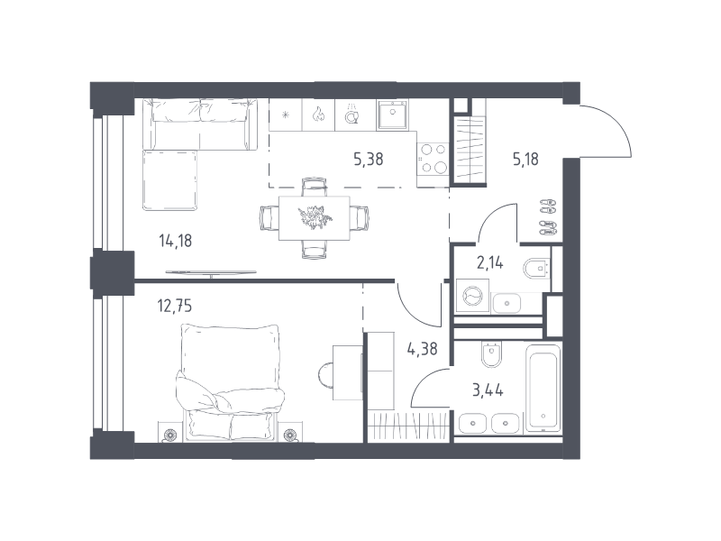 2 ккв (Евро) 47,5 м²