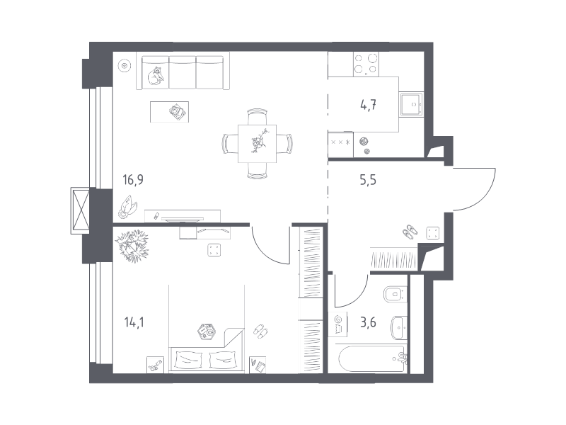 2 ккв (Евро) 45 м²
