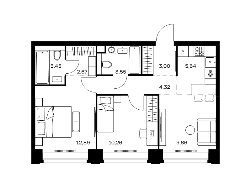 3 ккв (Евро) 55,6 м²