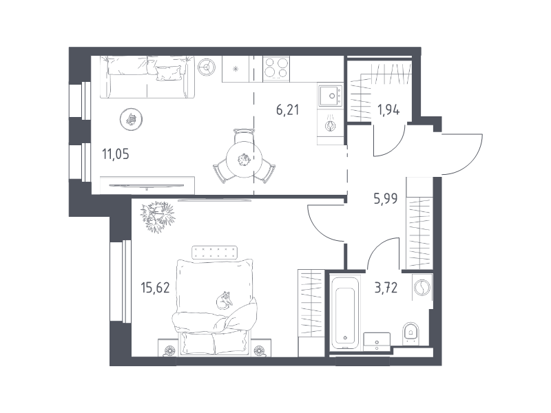 2 ккв (Евро) 44,5 м²