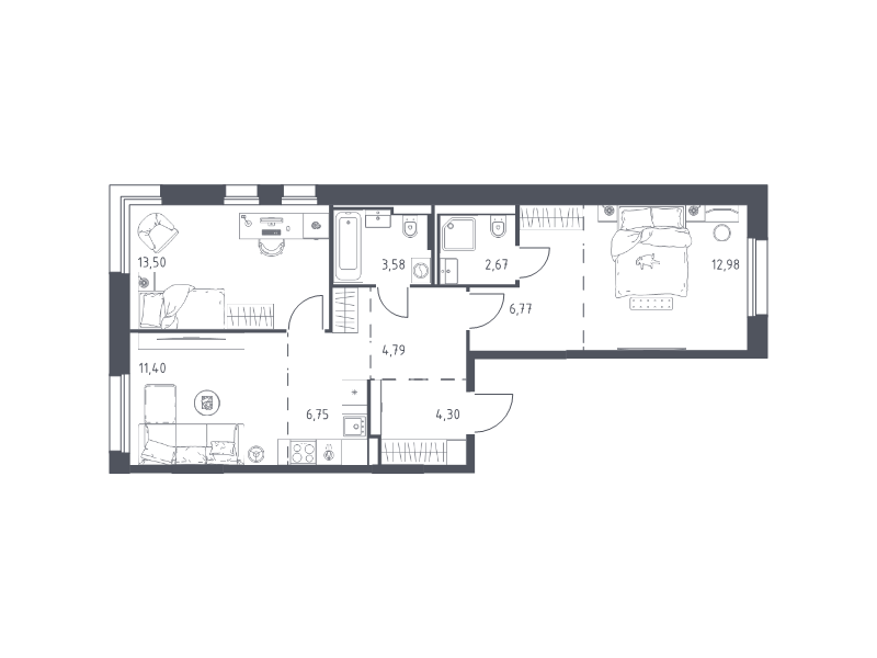 3 ккв (Евро) 66,7 м²