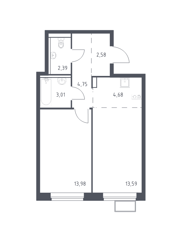 2 ккв (Евро) 45 м²