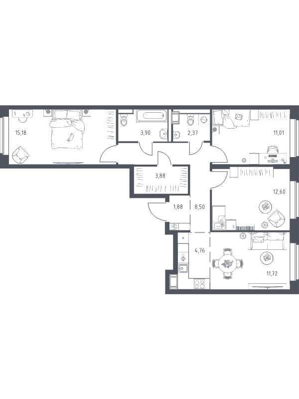 4 ккв (Евро) 75,8 м²