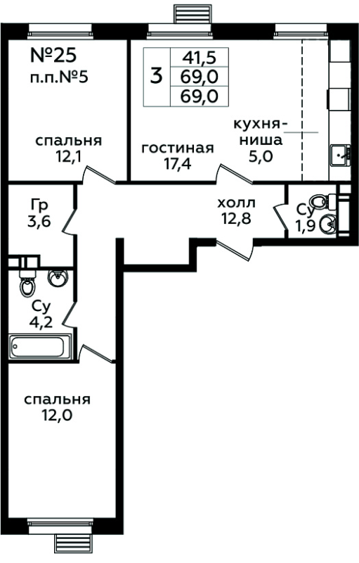 3 ккв (Евро) 68,7 м²