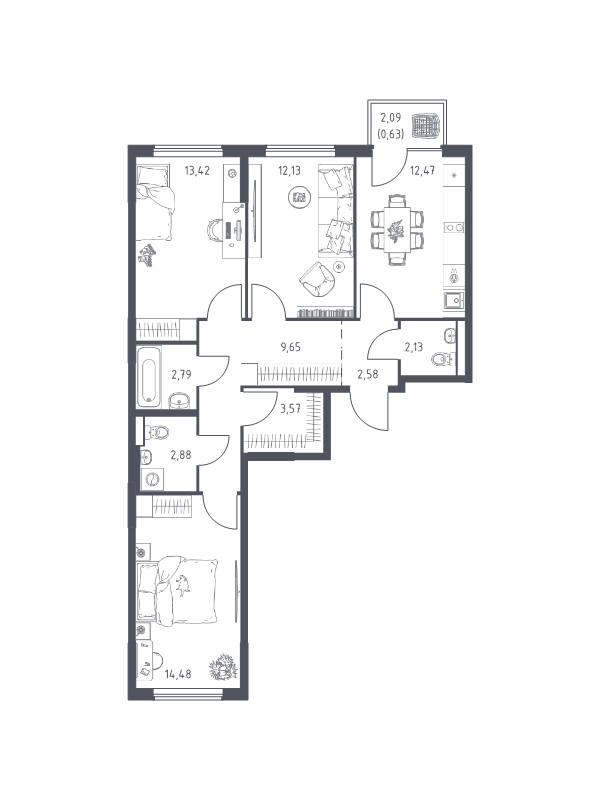3 ккв 76,7 м²