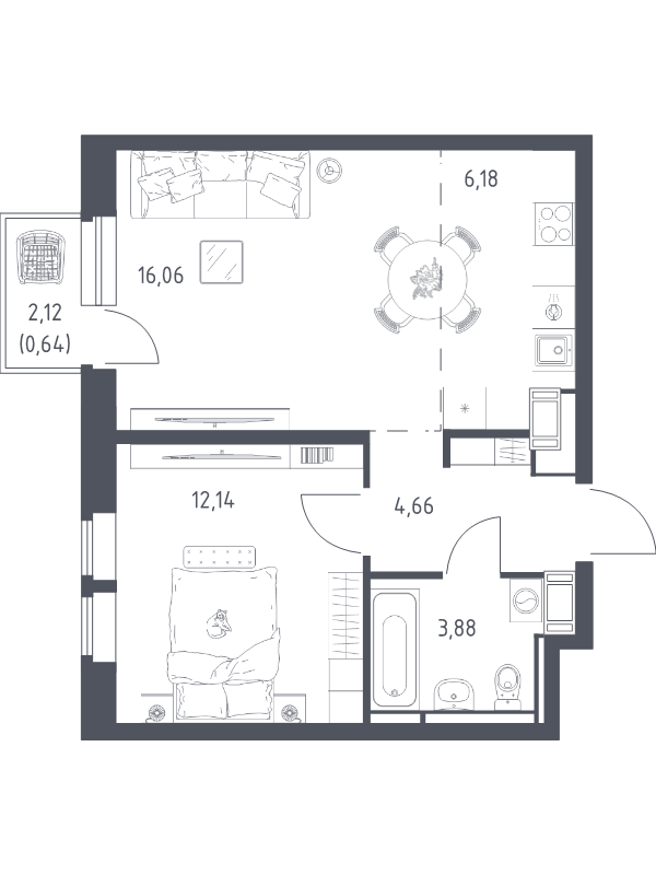2 ккв (Евро) 43,6 м²