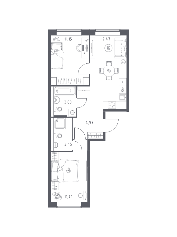 3 ккв (Евро) 52,7 м²