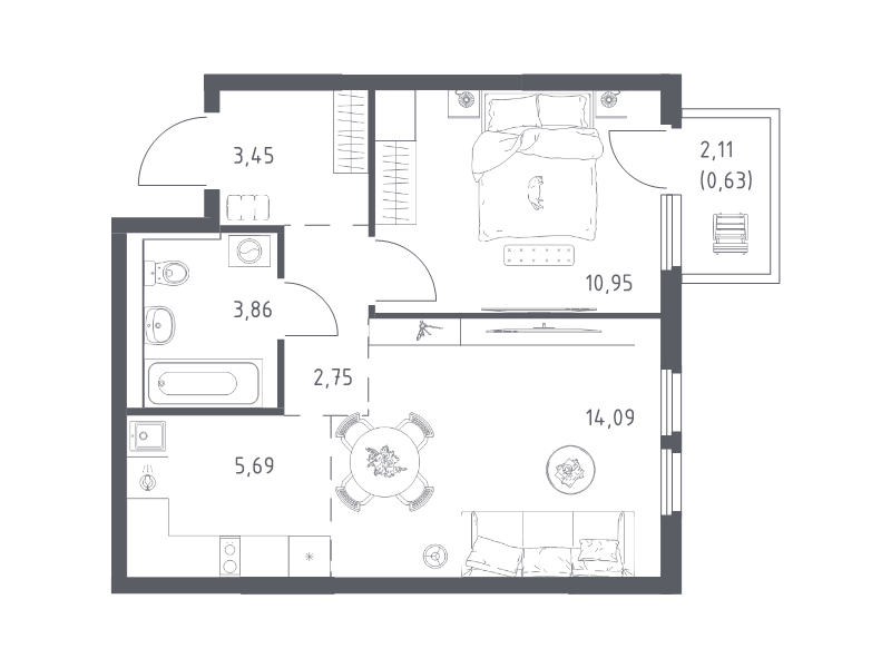 2 ккв (Евро) 41,4 м²
