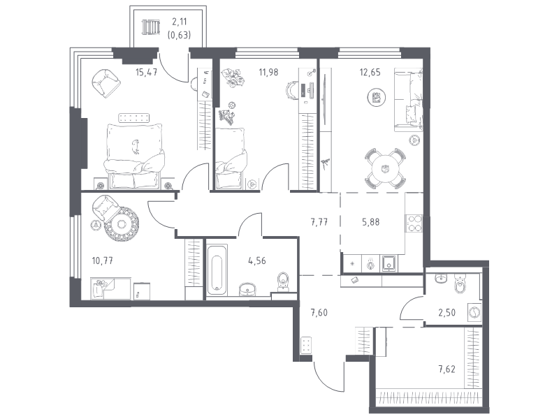 4 ккв (Евро) 87,4 м²