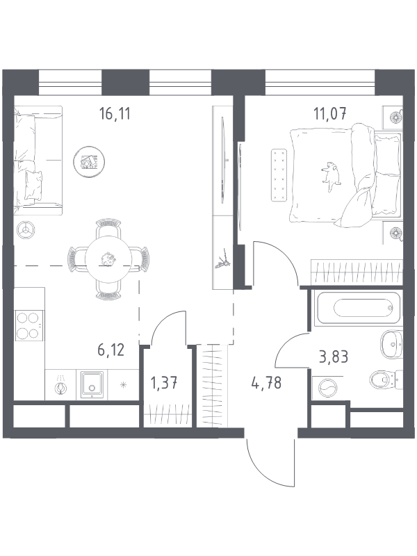 2 ккв (Евро) 42,7 м²