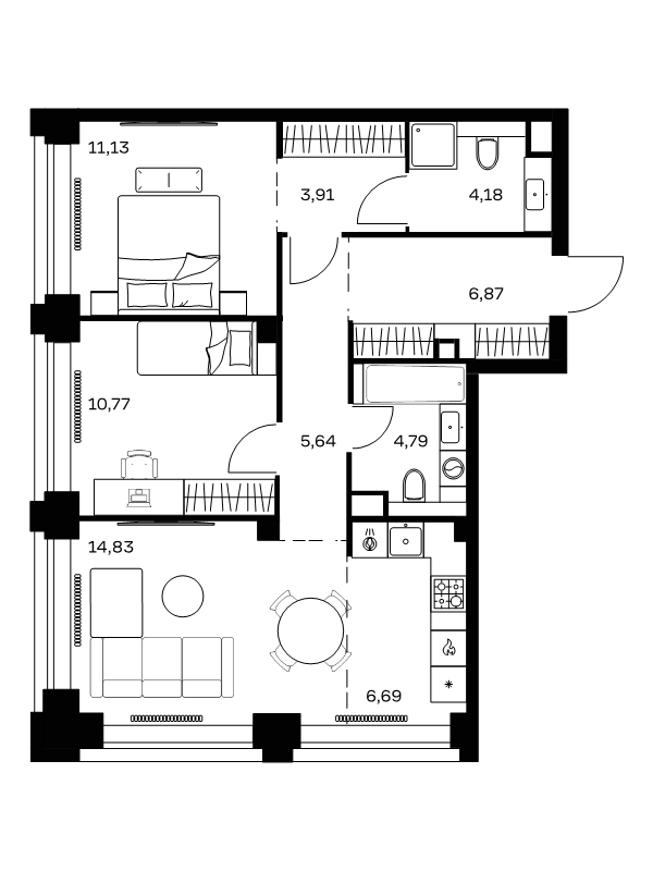 3 ккв (Евро) 68,8 м²