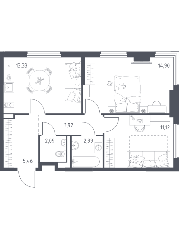 2 ккв 53,8 м²