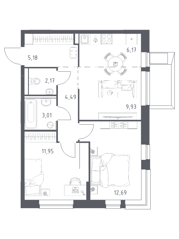 3 ккв (Евро) 55,6 м²
