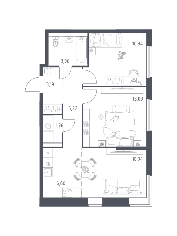 3 ккв (Евро) 55,8 м²