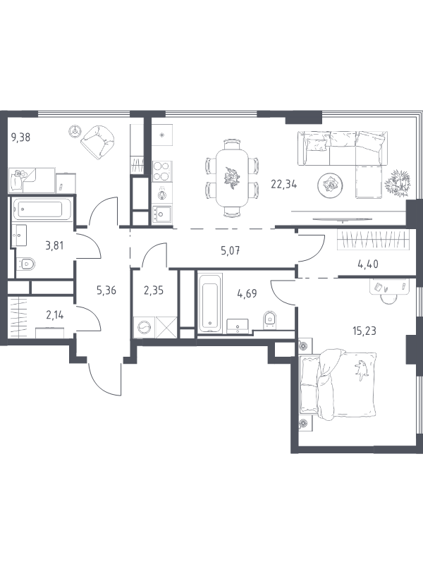 3 ккв (Евро) 74,8 м²