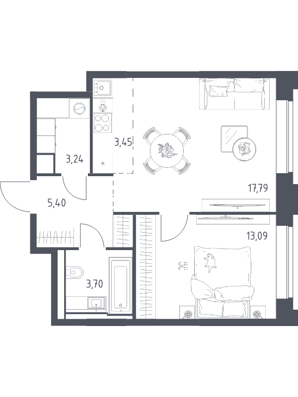 2 ккв (Евро) 46,7 м²