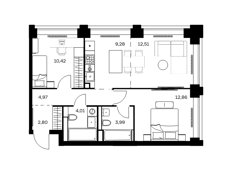 3 ккв (Евро) 60,8 м²