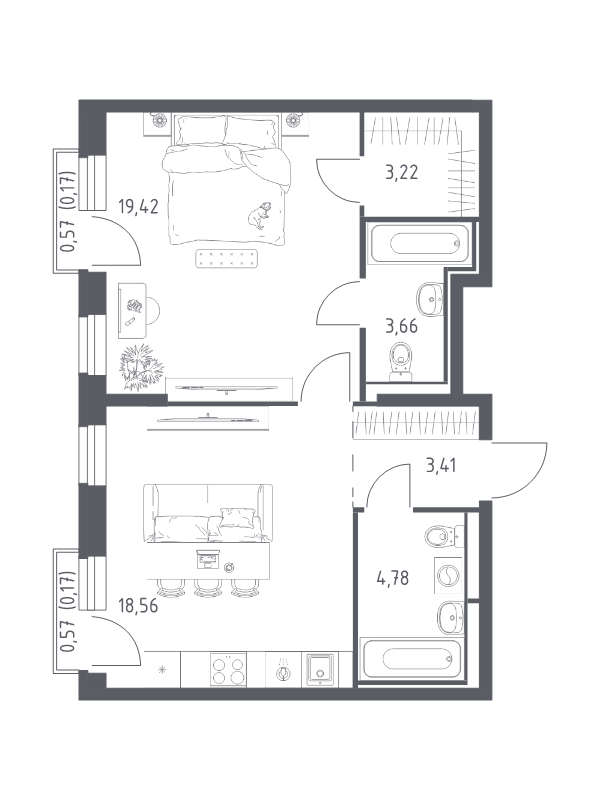 2 ккв (Евро) 53,4 м²