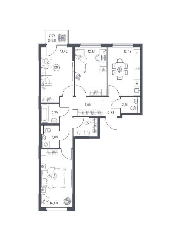 3 ккв 76,7 м²