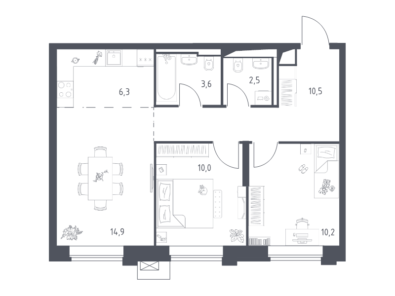 3 ккв (Евро) 58 м²