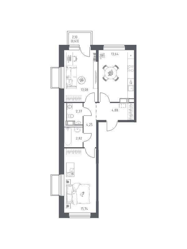 2 ккв 57,4 м²