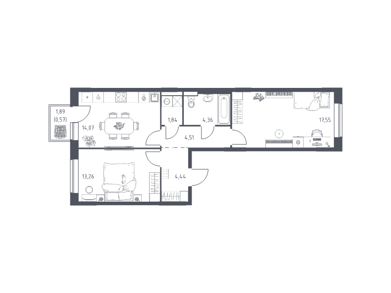 2 ккв 60,6 м²