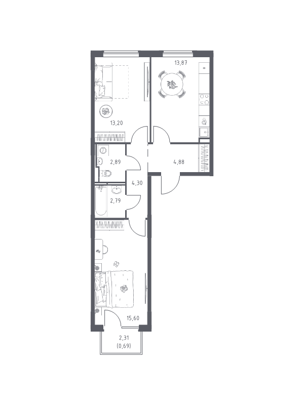 2 ккв 58,2 м²