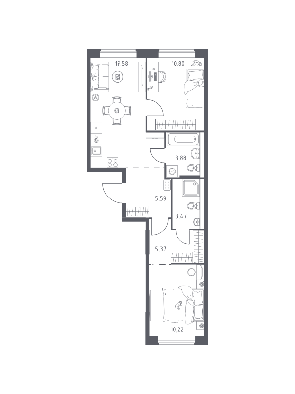 3 ккв (Евро) 56,9 м²