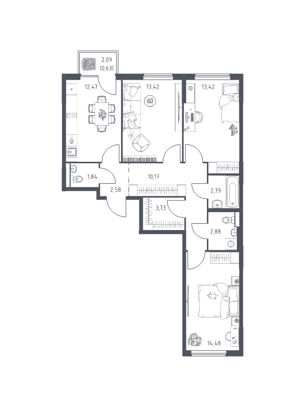 3 ккв 78,4 м²