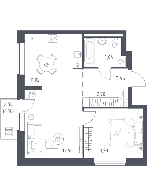 2 ккв (Евро) 45,8 м²